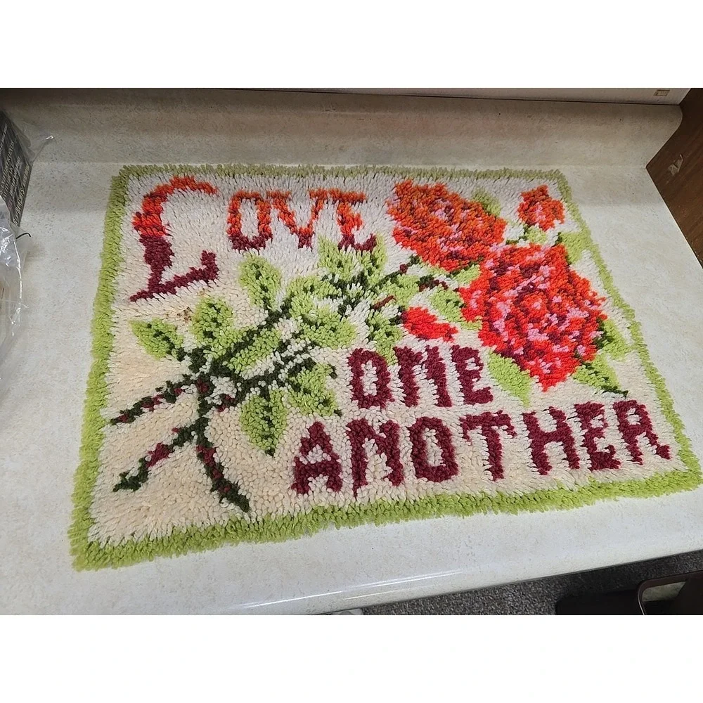Vtg Latch‎ Hook Rug Wall Hanging Love One Another Roses Boho Cottagecore 20x27
